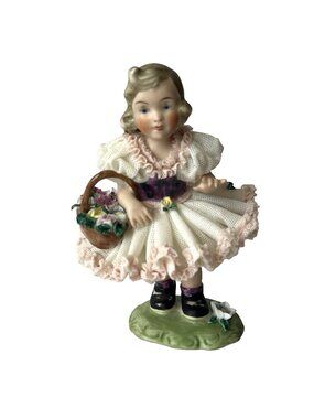 Vtg Rudolf Kammer Porcelain Lace Girl Figurine w/ Flower Basket Darling Germany